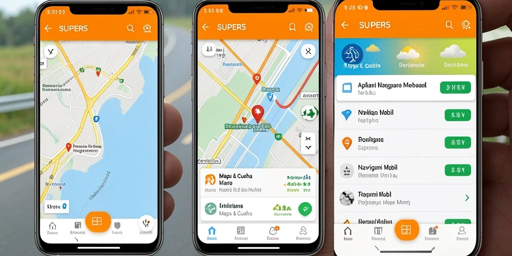 Screenshot antarmuka utama SUPER5 dengan fitur Navigasi Mobil.