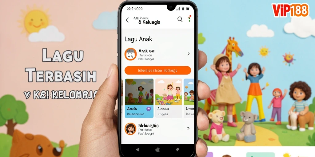 Antarmuka aplikasi VIP188 yang ramah anak dengan koleksi lagu-lagu edukatif.